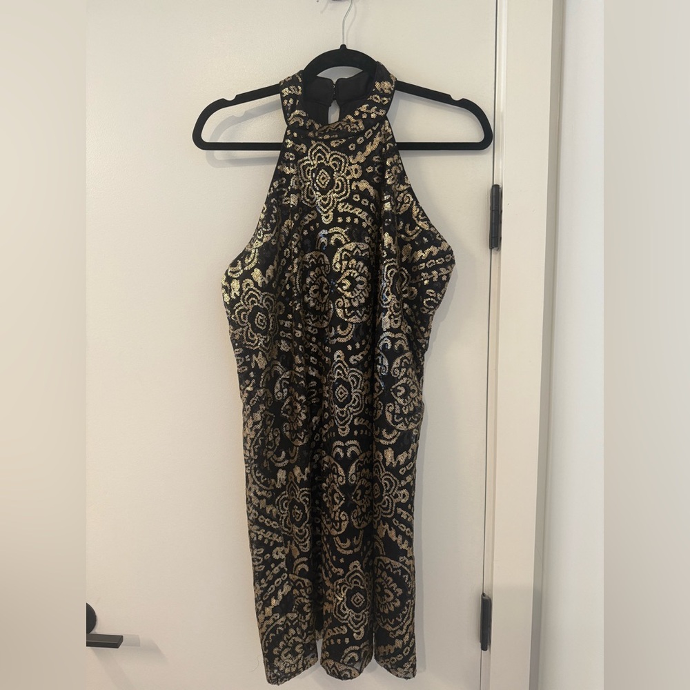 Elegant Black and Gold Halter Dress